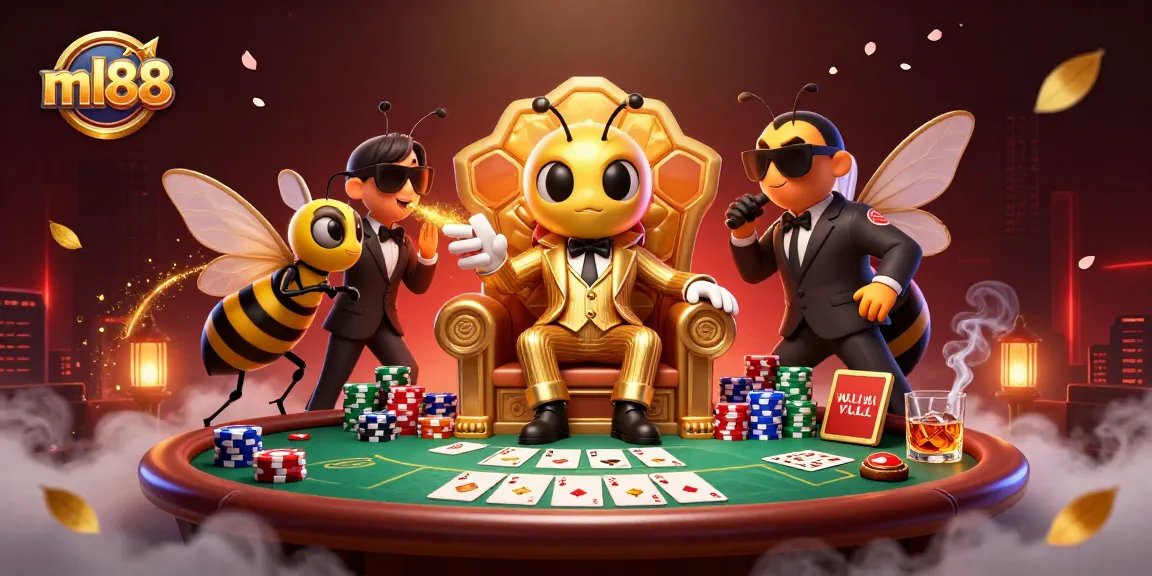 Action-packed ml88 casino scene featuring a bumblebee mob boss with poker elements.
