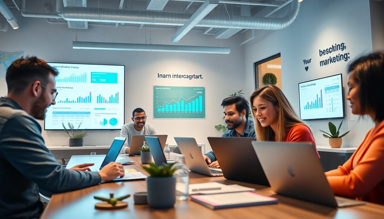 Trabajo en equipo dinámico en una agencia de marketing digital, enfatizando estrategias de marketing digital de la agencia.