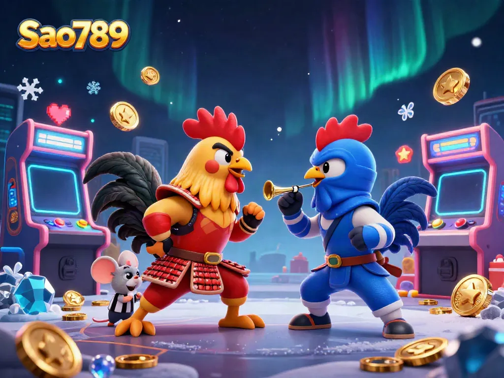 Engage with the Sao789 gaming battle featuring dynamic roosters in a colorful arcade scene.