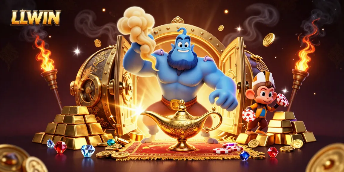Engage with LLWIN at a vibrant casino scene featuring a genie and treasures.