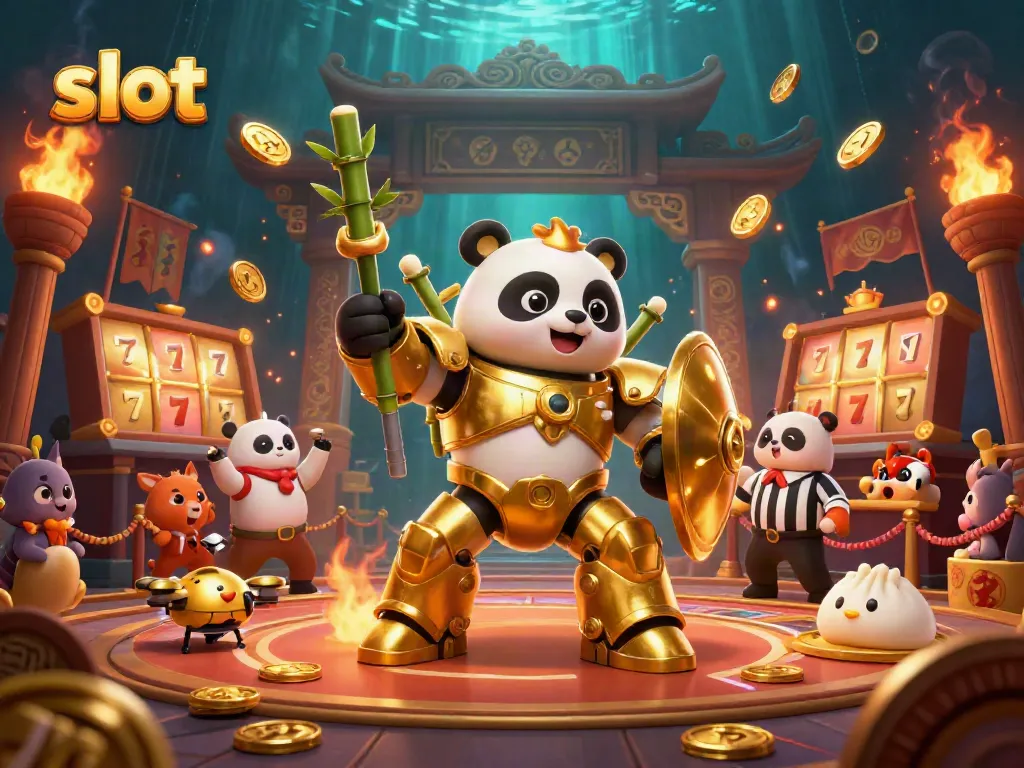 Experience thrilling slot action with a golden panda in a dynamic casino arena, surrounded by cheering spectators.