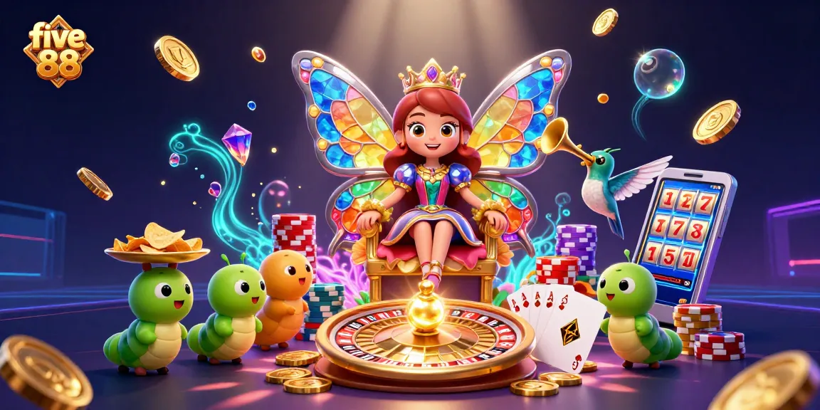 Experience the excitement at five 88 with a dazzling 3D illustration of a butterfly queen, chip trays, and roulette!