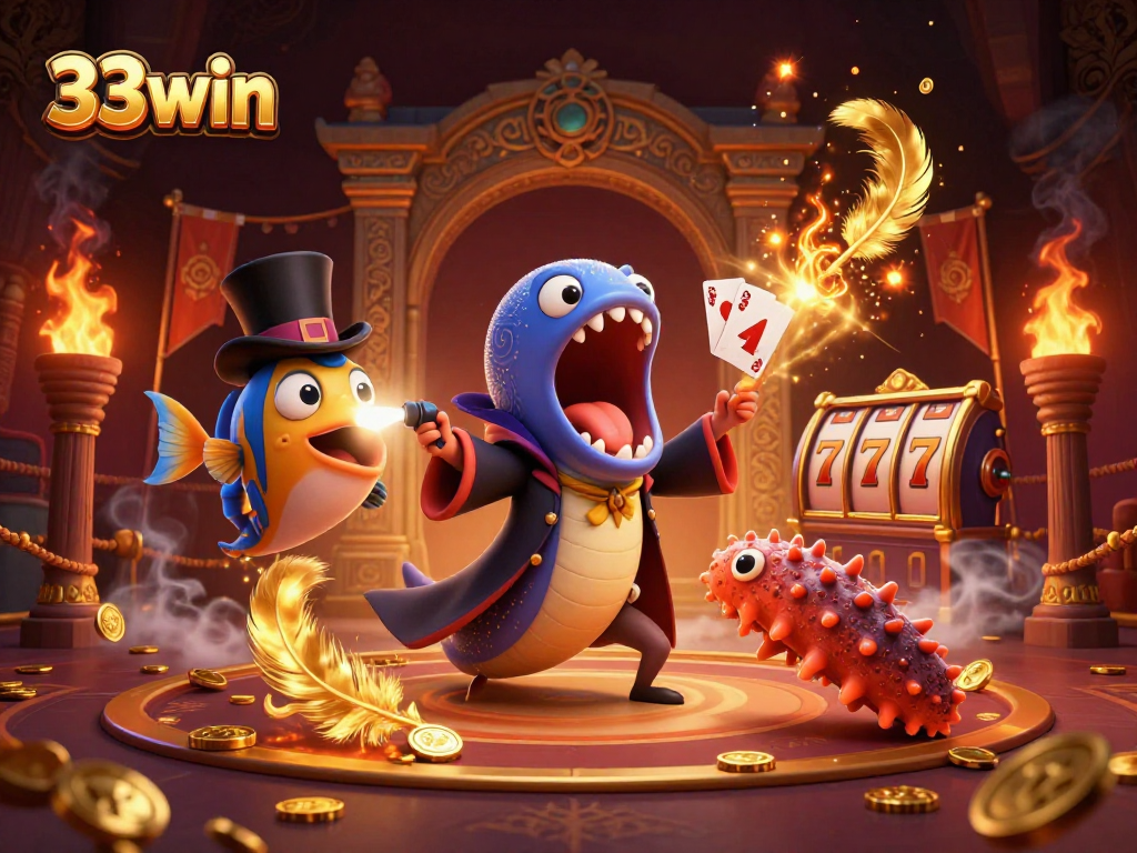 33win logo showcased in a vibrant casino scene with card tricks, slot reels, and festive atmosphere.
