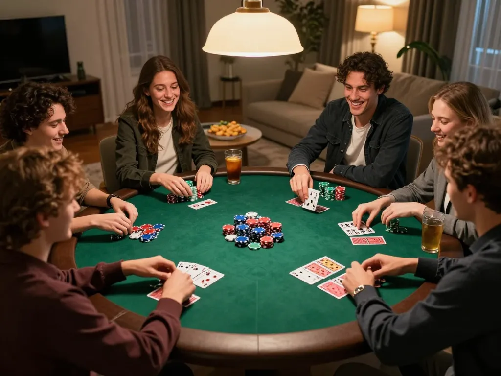 Friends enjoying a lively poker night at home with FUN88 poker chips and cards on the table.