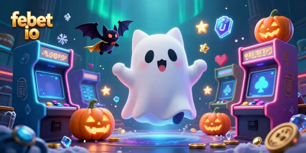 Experience the thrilling world of febet io with a ghost cat and vampire bat in a vibrant casino.