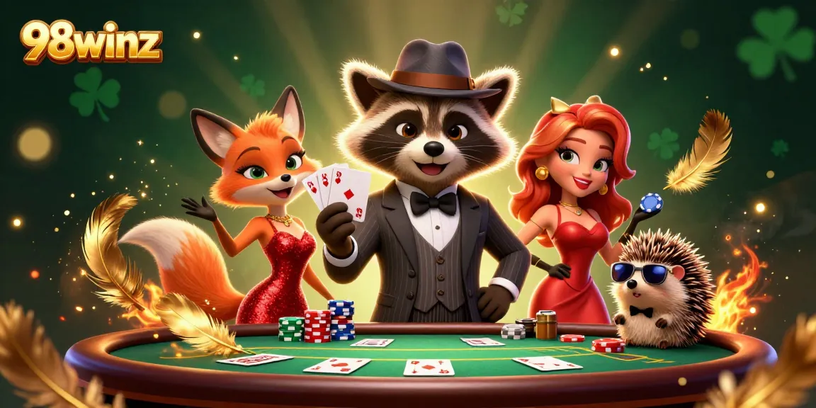Experience action at the 98winz casino with a raccoon showing a royal flush at a vibrant poker table.