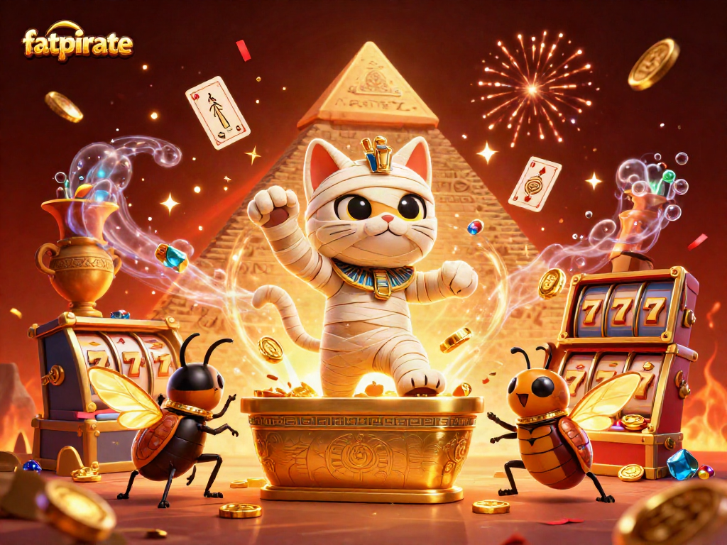 Experience the excitement of fatpirate slots with a dynamic scene of vibrant unique characters and casino elements.