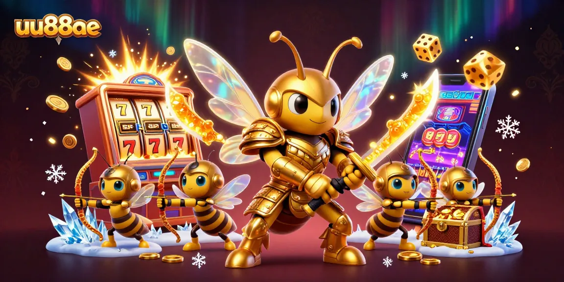 uu88ae players engage in a vibrant slot machine excitement with golden characters and colorful symbols.