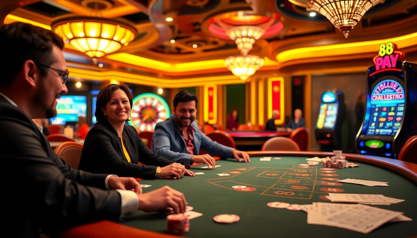 Experience the excitement at https://fun888.co.com/ with players enjoying poker and roulette in a dazzling casino environment.