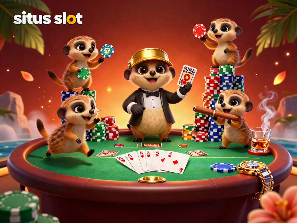 Engage with the vibrant scene of a playful meerkat casino operation at situs slot, featuring dynamic characters and colorful game elements.
