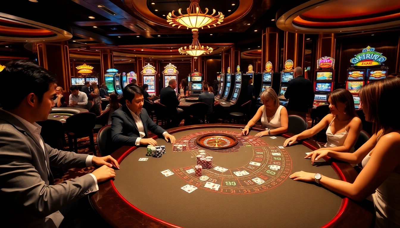 Experience the excitement of casino gaming at https://33win.free/, featuring players enjoying blackjack and vibrant slot machines.