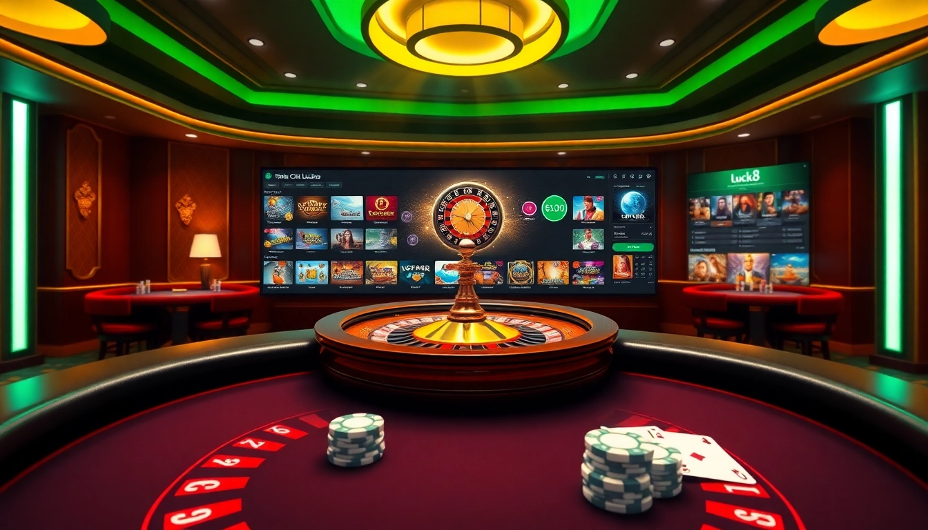 Experience the excitement at TRANG CHỦ LUCK8 with a vibrant casino scene filled with roulette and poker games.