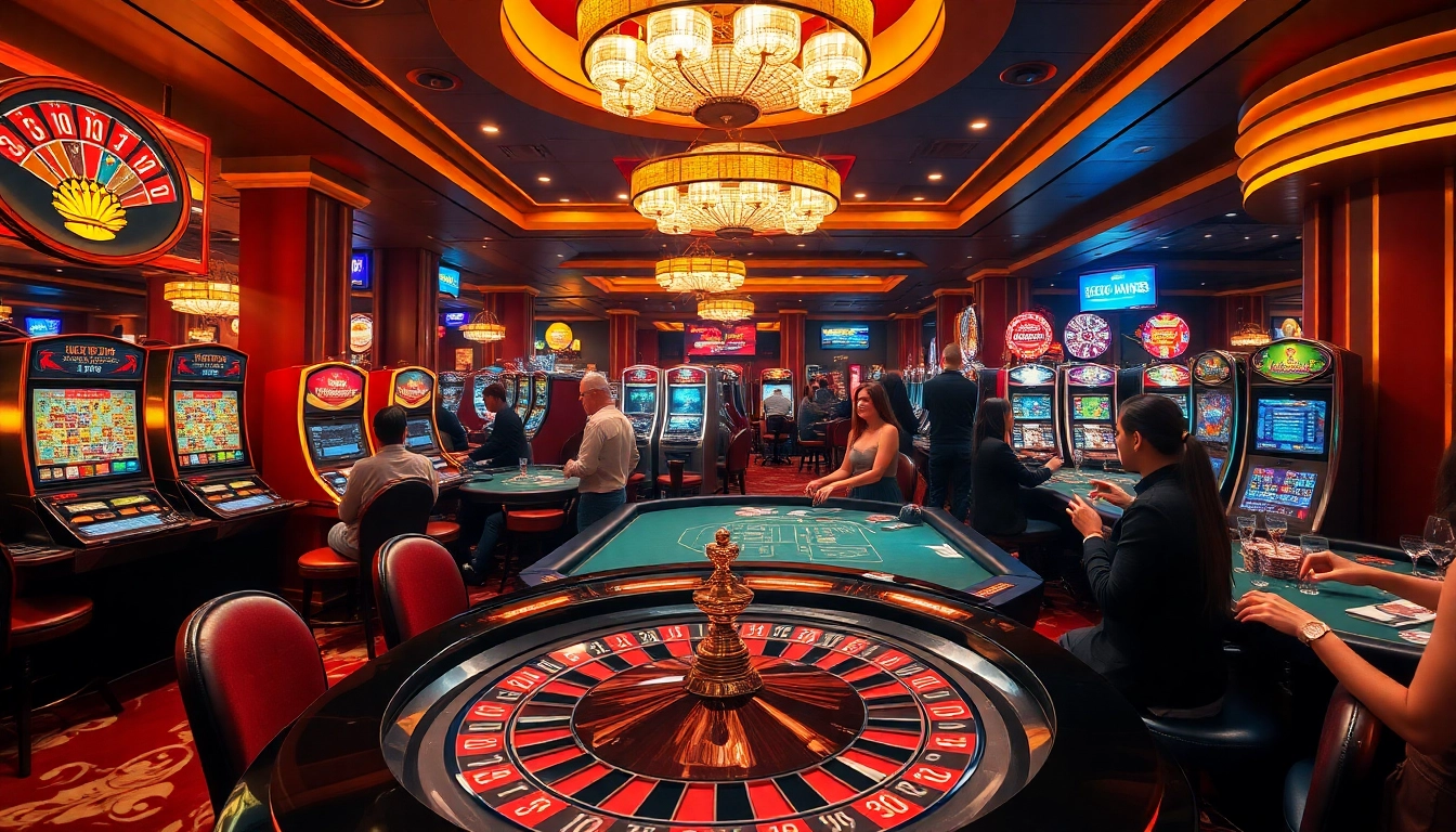Players enjoying exciting games at HOT789 casino with vibrant tables and slot machines.
