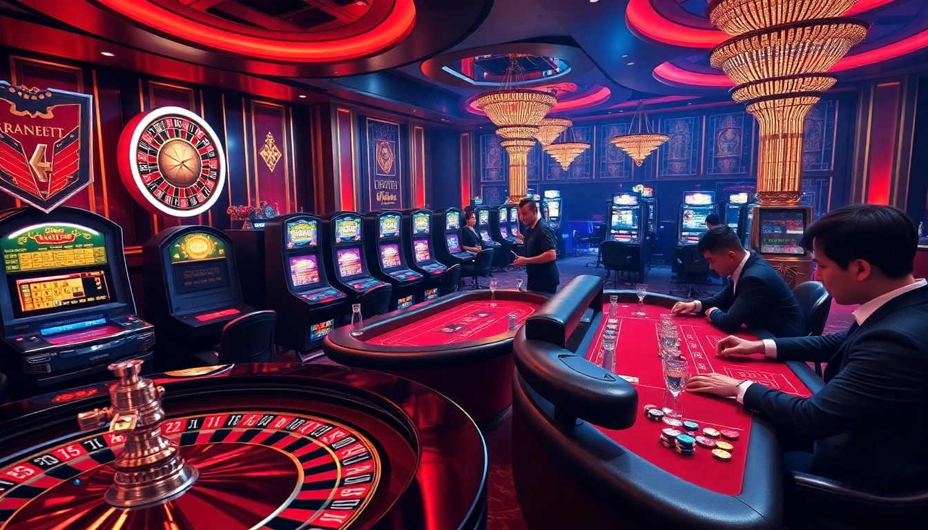 Engaged players at Nhà cái Fc88 experiencing a luxurious casino atmosphere with poker and slot machines.
