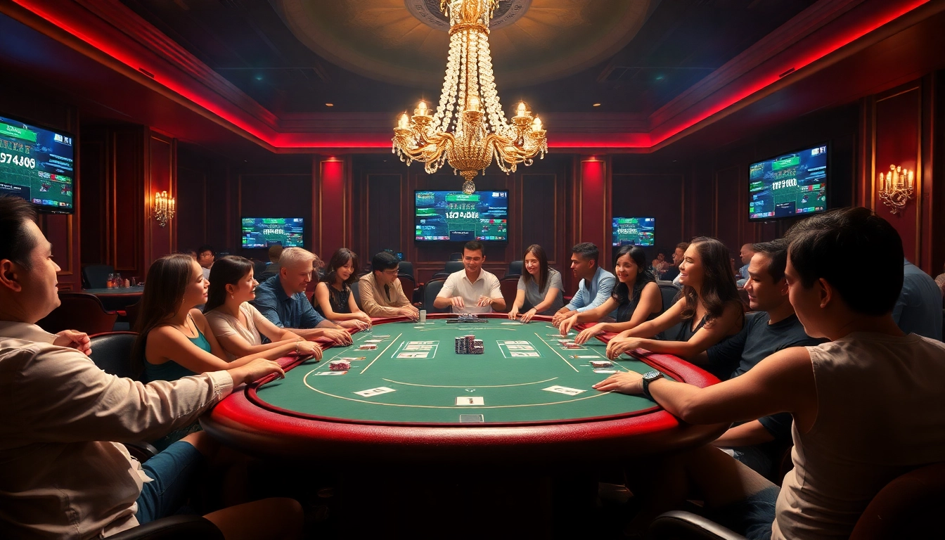 Players engage in high-stakes poker at a luxurious table in a casino setting on https://five88sss.com/.