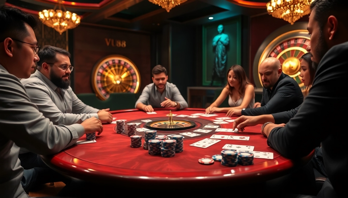 Experience thrilling poker action at VU88's luxury casino tables with intense gameplay.