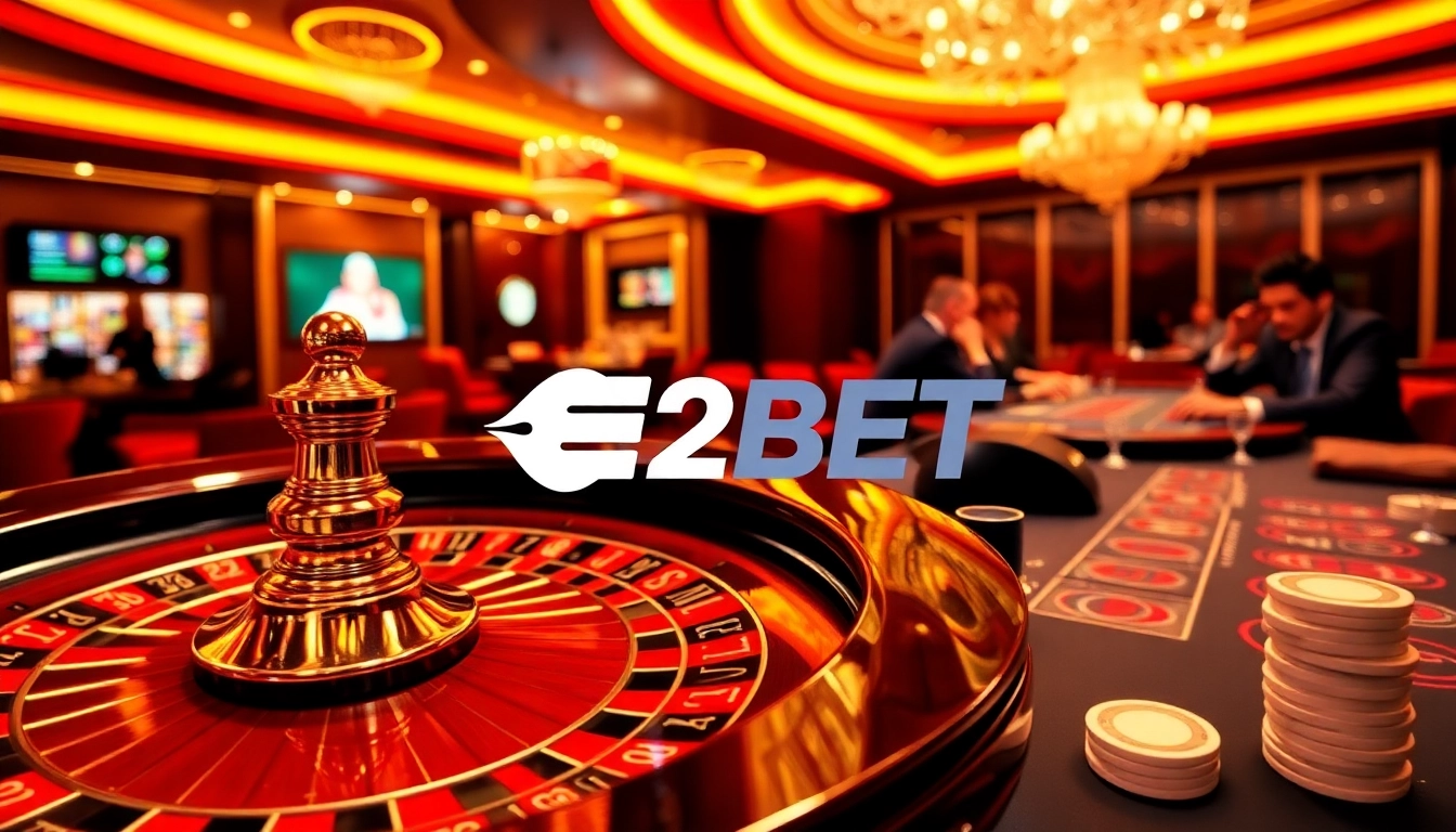 E2BET players enjoying the excitement of a casino with a roulette wheel and poker chips.