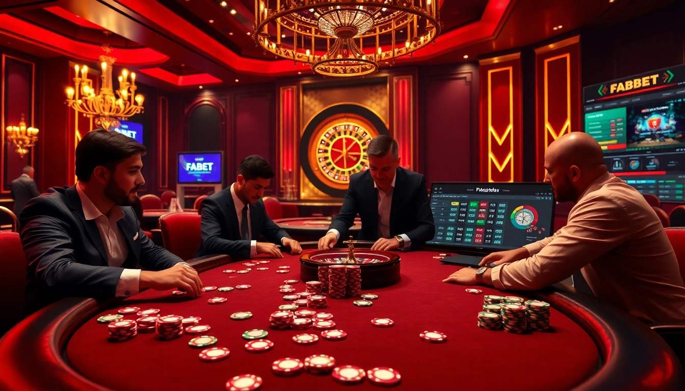 Gamblers engaging in a thrilling poker game at FABET's luxurious casino table