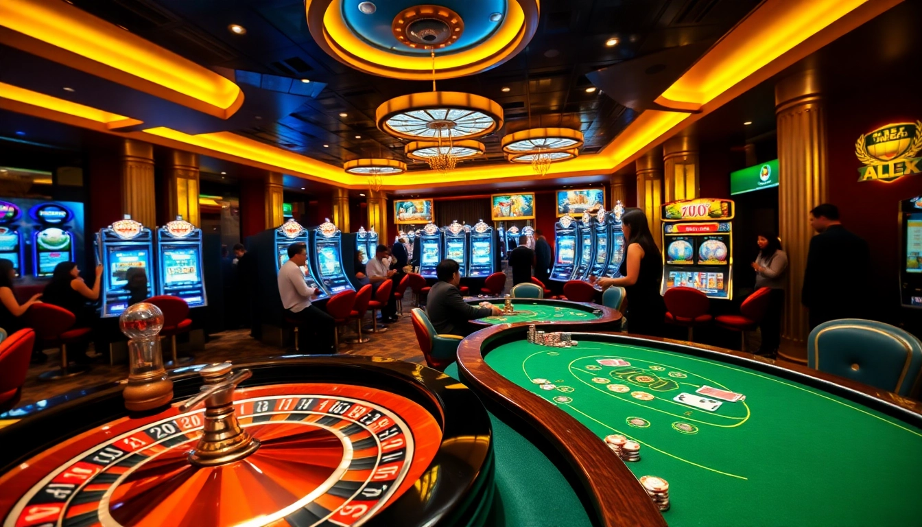 Engaging players at a luxurious casino showcasing https://8xbetsports.com with roulette wheels and poker tables.