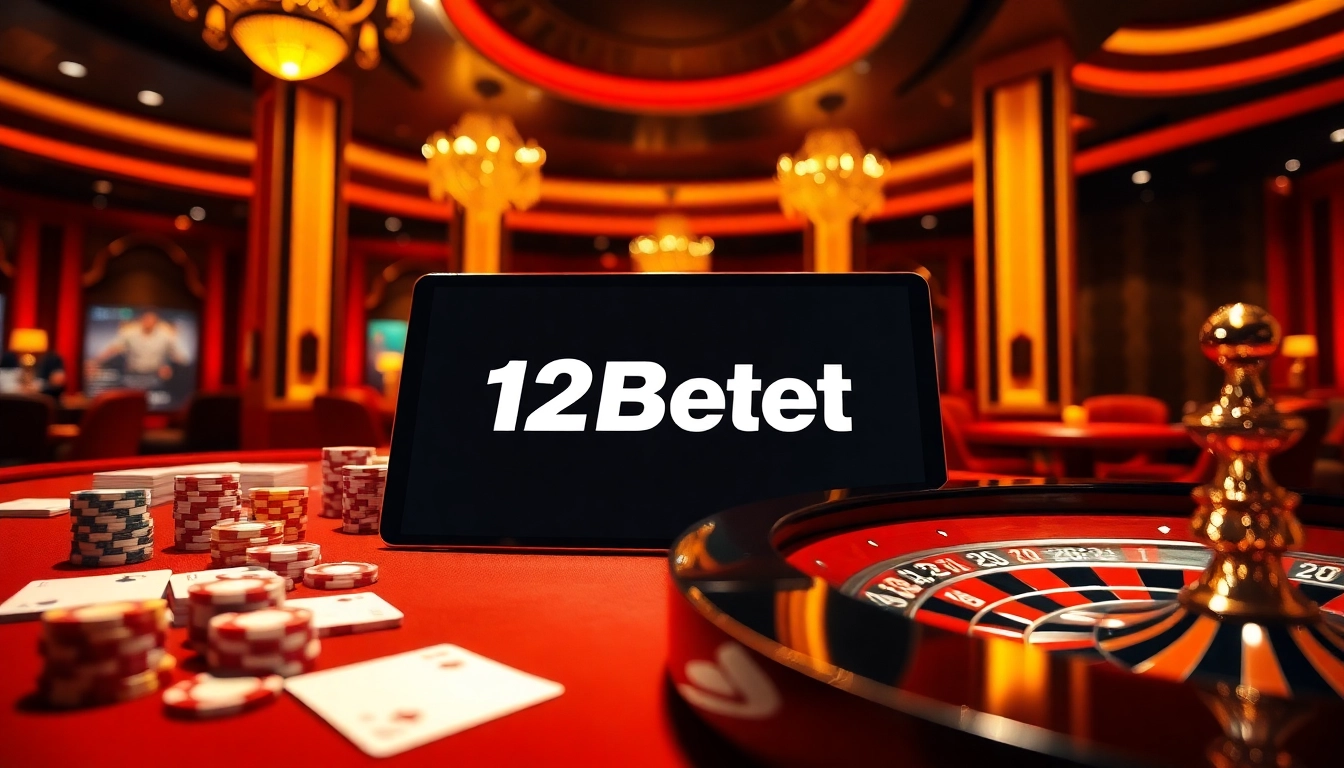 Play classic casino games at 12Bet, featuring vibrant tables, roulette wheels, and digital betting interfaces.