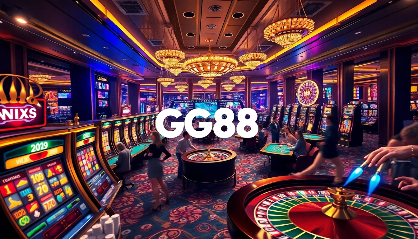 Gamblers enjoying an exciting experience at GG88's vibrant casino, featuring slot machines and tables.