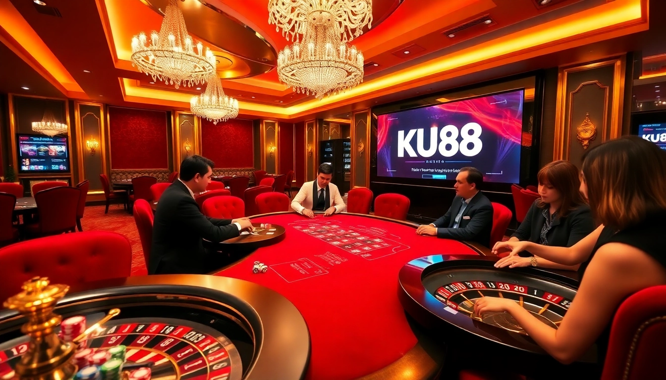 KU88 gamblers enjoying a vibrant casino atmosphere with luxurious gaming tables and engaging promotions.