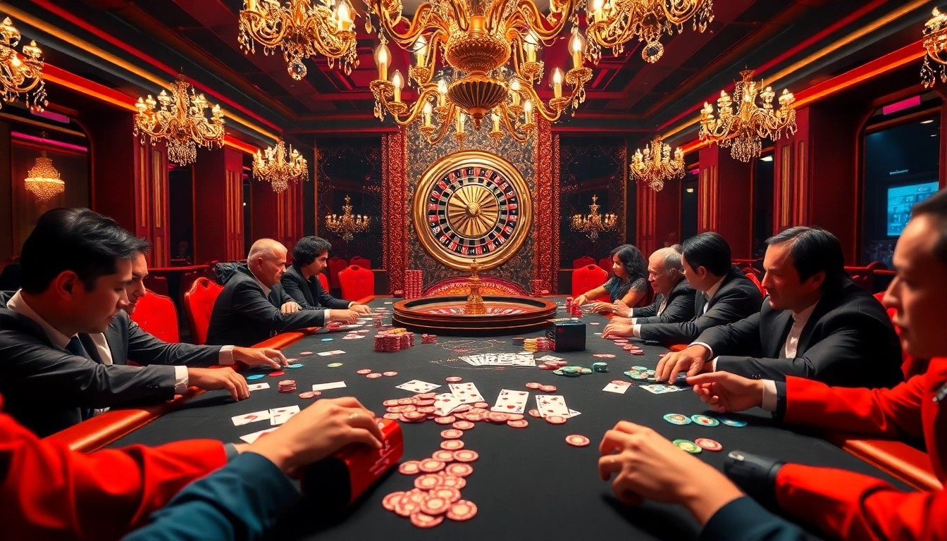 Poker game in a glamorous casino atmosphere at https://vaobet.co.bz/, highlighting excitement and strategy.