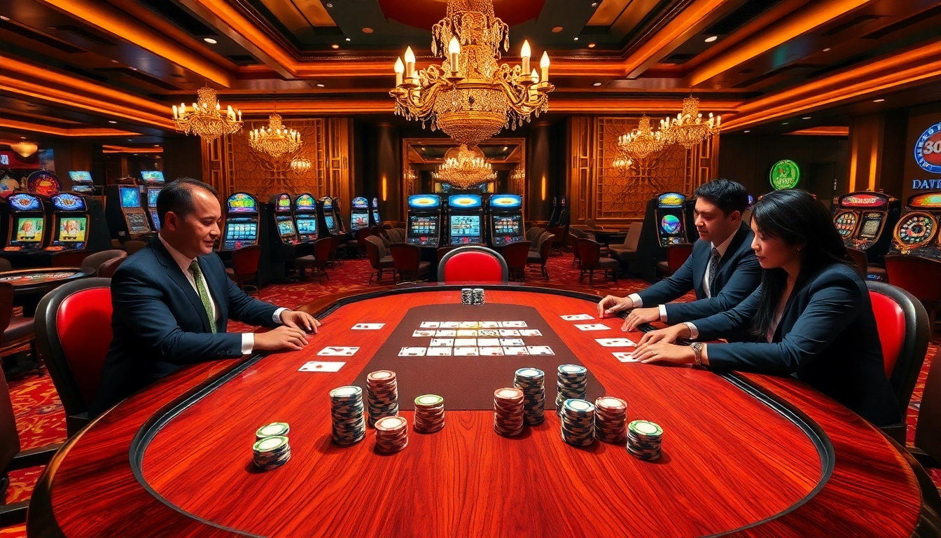 Experience high-stakes excitement at Nhà cái S8 with elegantly dressed players at a luxurious poker table.