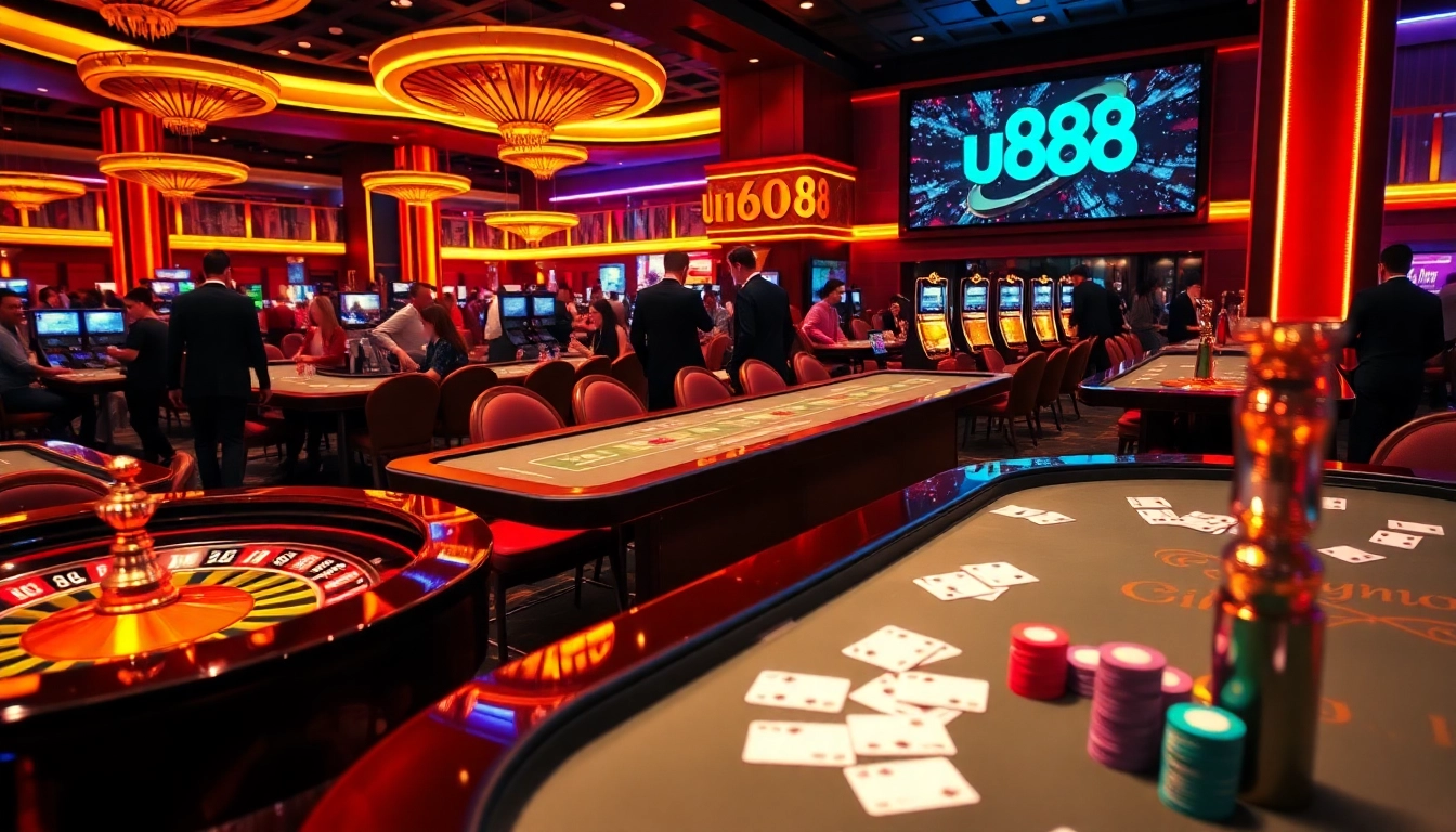 Engage in thrilling games at u888's luxurious casino, featuring vibrant tables and neon lights.