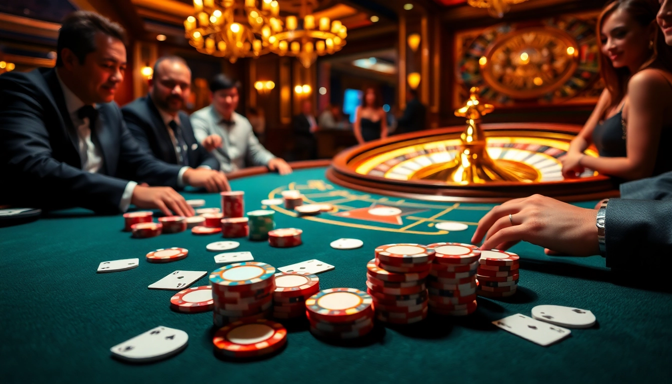 Experience the thrill of go99 at an upscale casino poker table surrounded by eager players.