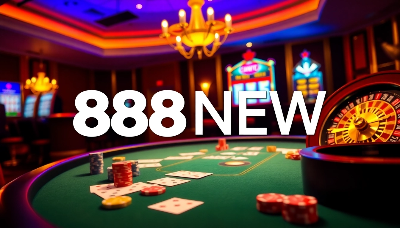 Experience thrilling gameplay with 888NEW in a luxurious casino setup featuring poker tables and slot machines.