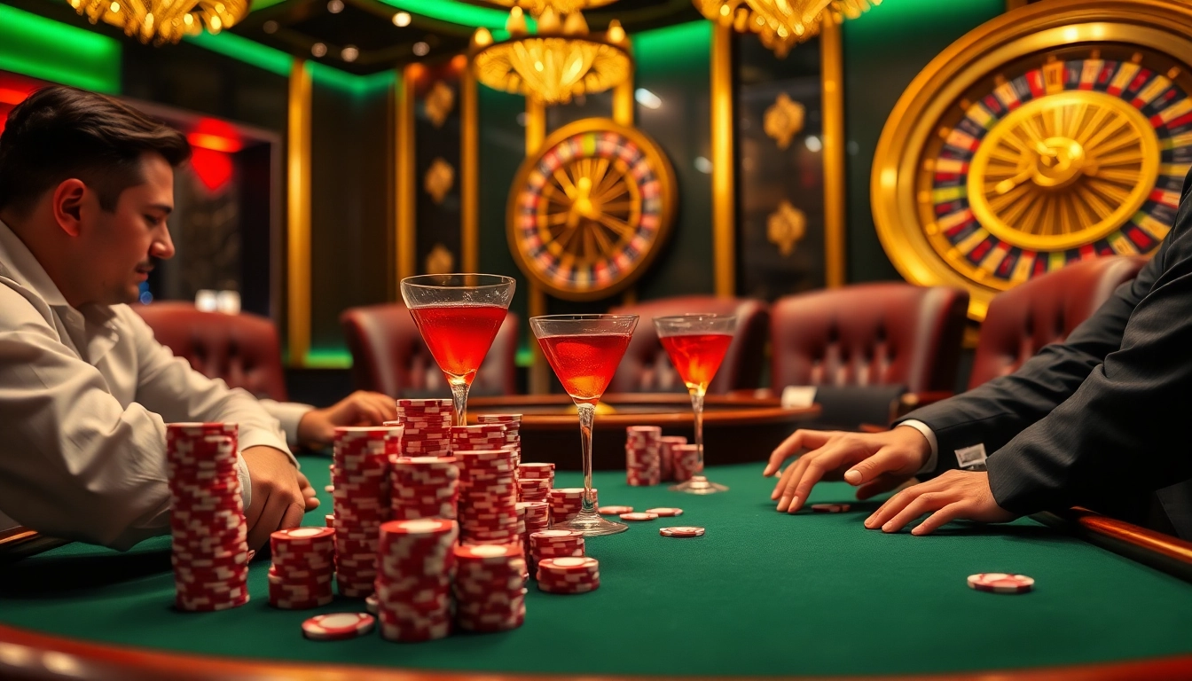 Excited players in a professional casino poker setting with NK88 themed decor and vibrant visuals.