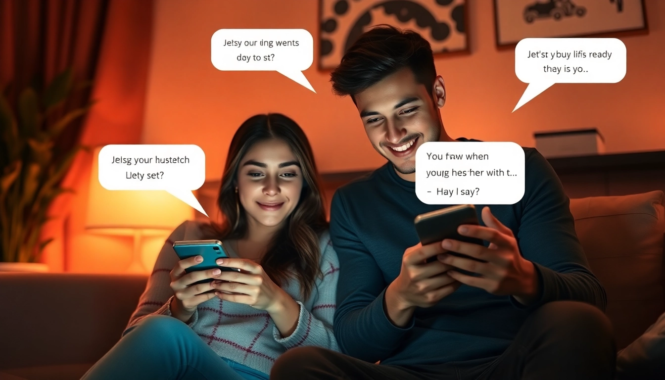 Sexting AI conversation between a couple on smartphones, featuring playful chat messages in a cozy setting.