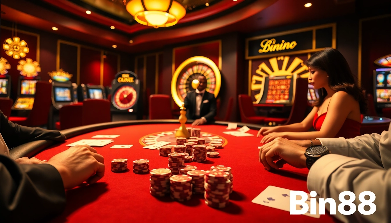 Engaging players enjoy a high-stakes game at Bin88's luxurious poker table in a vibrant casino atmosphere.