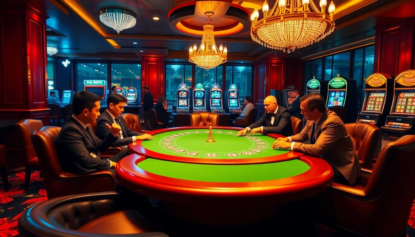 Experience the thrill of 7mcn at an opulent casino with a stunning poker table and spinning roulette wheel.
