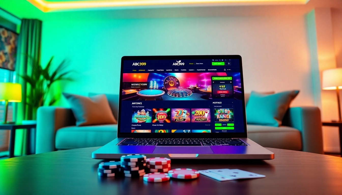 ABC999 online betting platform showcasing vibrant slots and poker tables in a cozy living room.