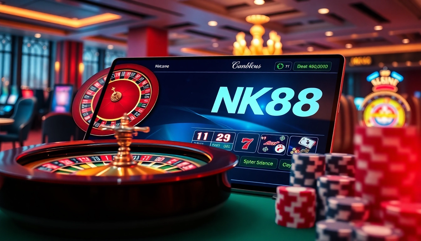 Engaging online gambling experience at NK88 with poker chips and a roulette wheel.