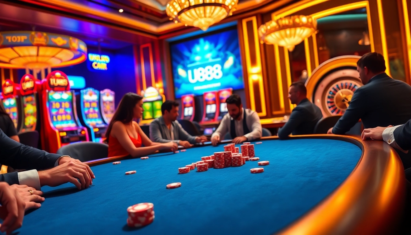 Players enjoying an engaging poker game at U888 casino, showcasing excitement and luxury.