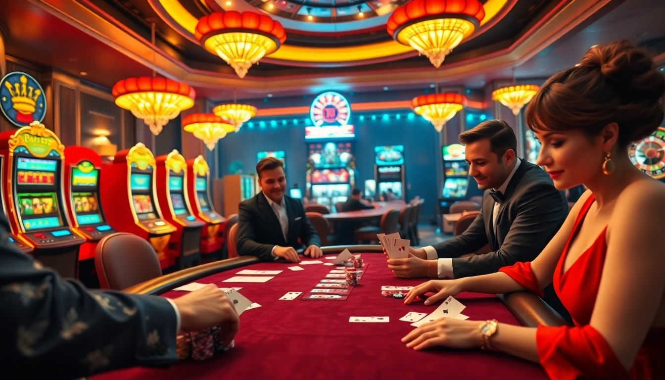 Engaged players enjoying high-stakes games at Rajaluck casino surrounded by vibrant slot machines.