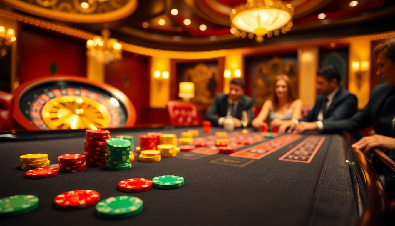 Players celebrating a lucky win at a luxurious casino table filled with vibrant poker chips.