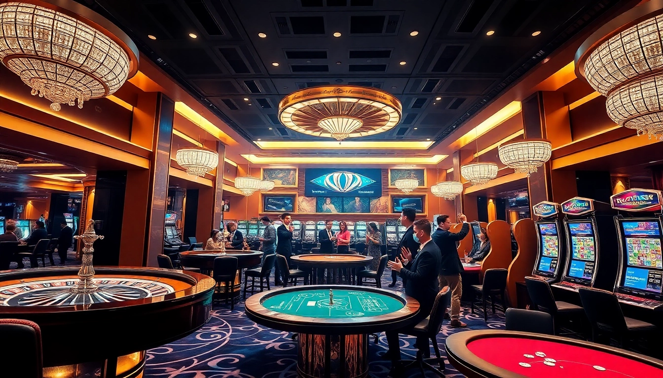 Engaging in sv388 đăng nhập at a luxurious casino, showcasing players and vibrant gaming tables.