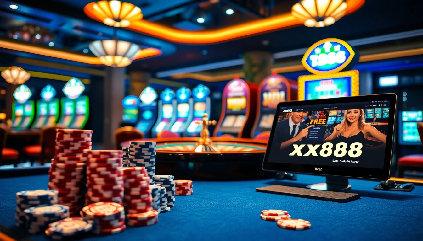 Experience thrilling gaming at xx88.free with vibrant casino tables and exciting slot machines.