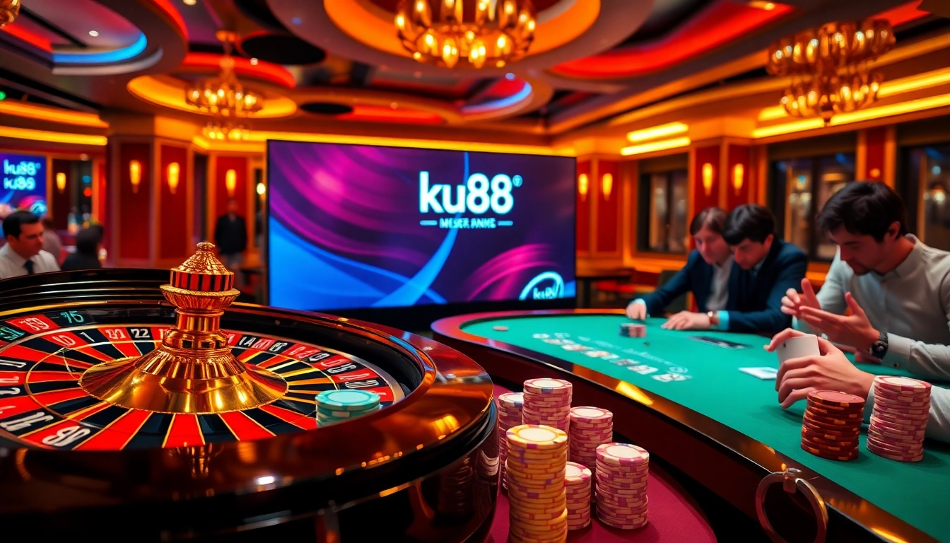 Players enjoying a thrilling round at ku88 casino, surrounded by dynamic poker chips and roulette.