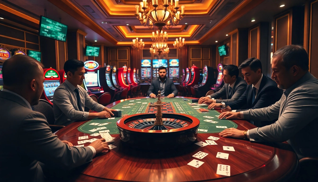 Action-packed casino scene highlighting tỷ số tỷ lệ 7m with gamblers engaging in games like poker and roulette.