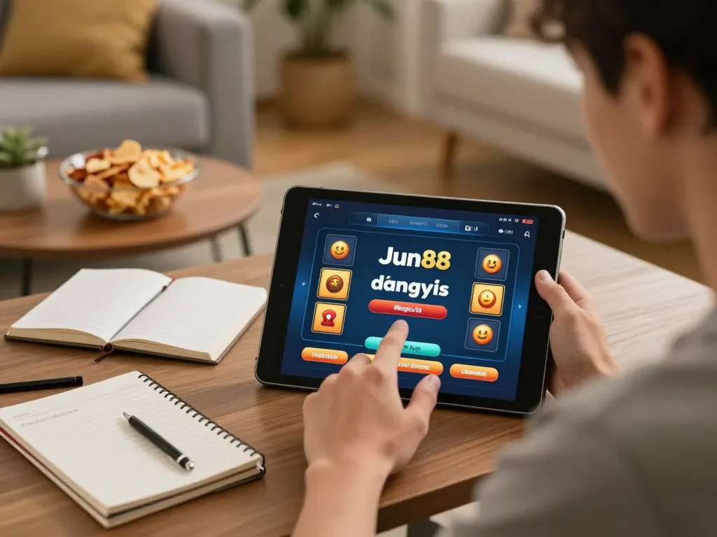 Player engaging with Jun88 đăng nhập on a tablet in a cozy home setting, promoting responsible gaming.