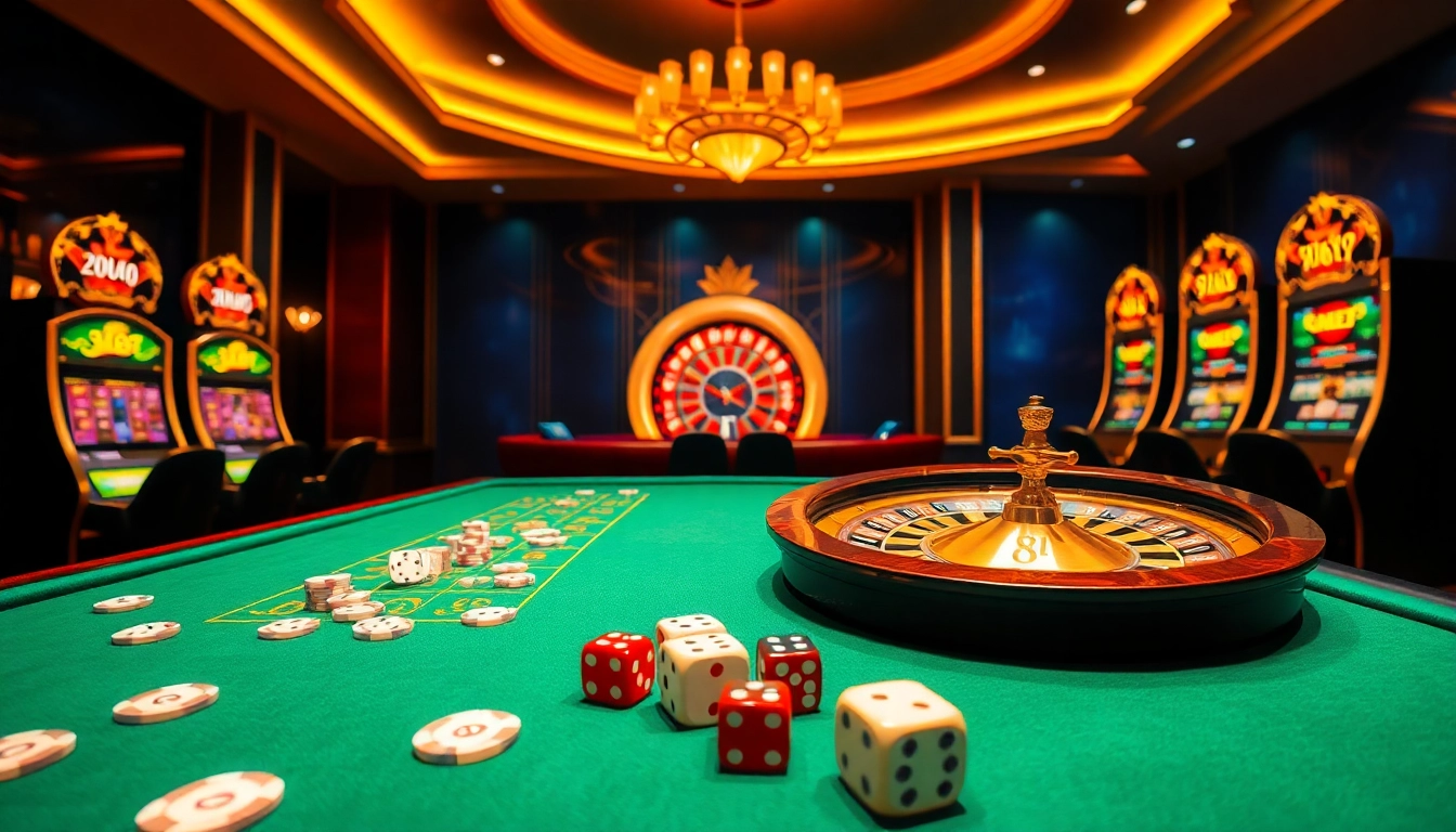 Gamblers enjoying the luxury of Nhà cái lu88 with vibrant casino tables, chips, and slot machines.