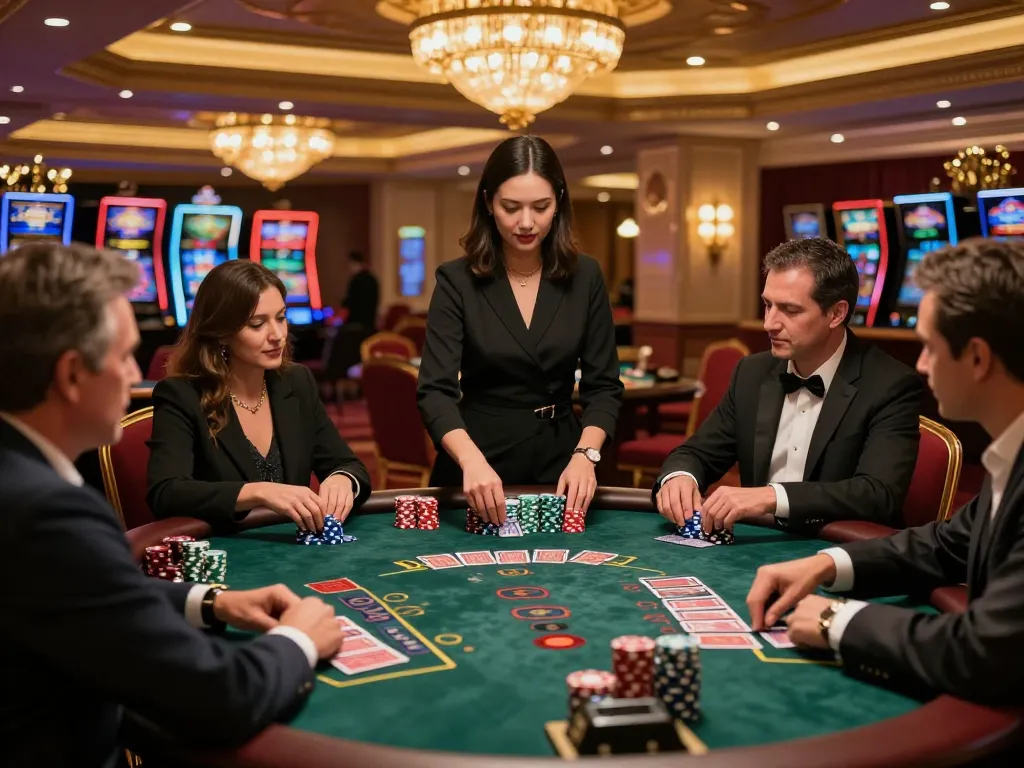 Experience the thrill of aa888 with players focused at a blackjack table in a luxury casino setting.