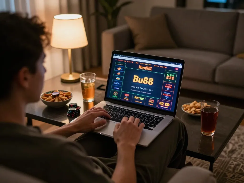 Engaging online gameplay at Bu88 casino featuring a player in a cozy setting