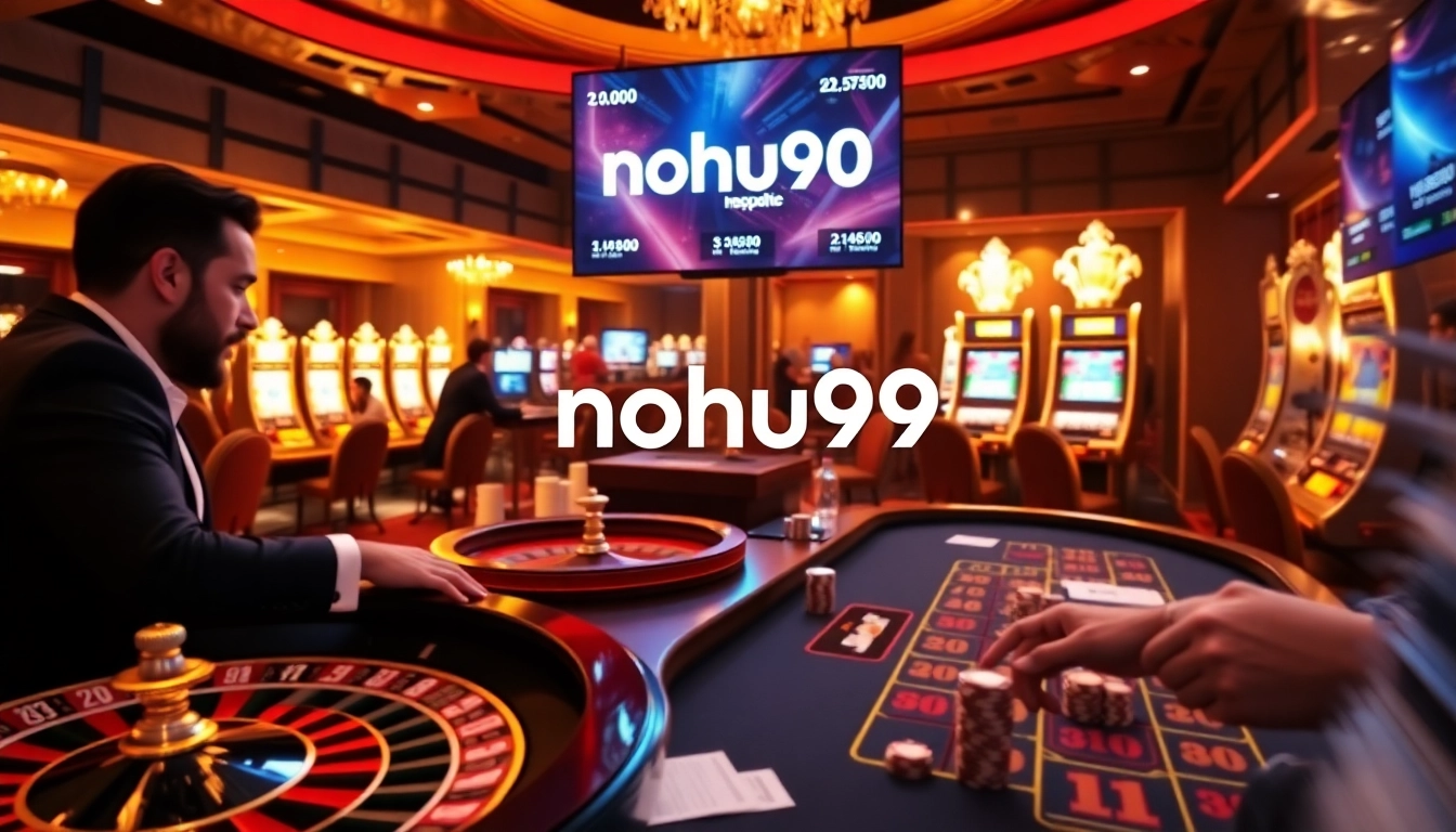 Engaging gamblers playing at the nohu90 online casino with vibrant roulette and slot machines.