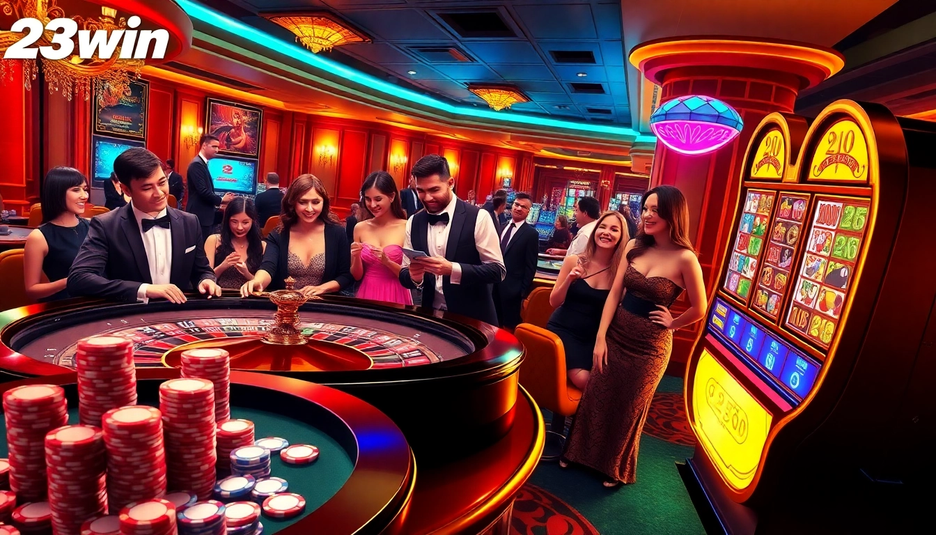 A bustling gambling scene at 23win casino, showcasing players at a roulette table with vibrant chips.